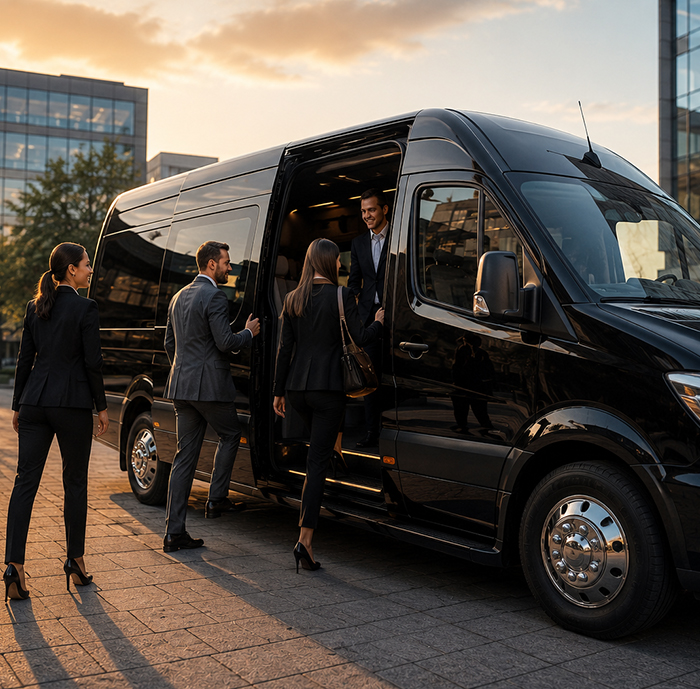 Executive passengers boarding shuttle van