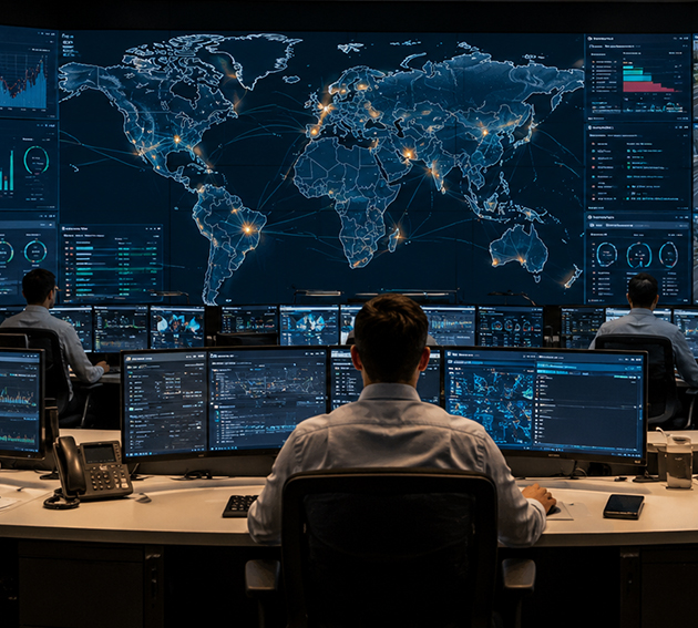 Corporate travel dispatch control room and telemetry panels