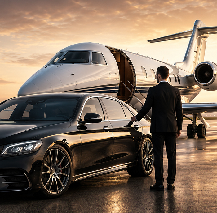 Luxury car in front of private jet