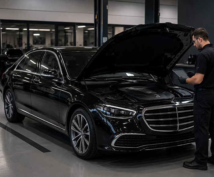 Mercedes-Benz S-Class sedan with its hood open in a modern garage